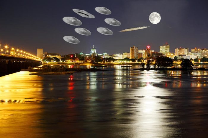 Several superimposed UFOs over a lake 