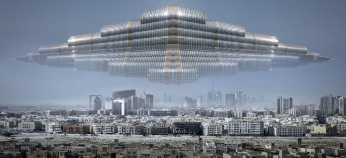 A depiction of a UFO over a city