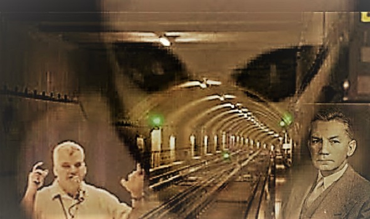 A superimposed picture of an alien over a tunnel with two people