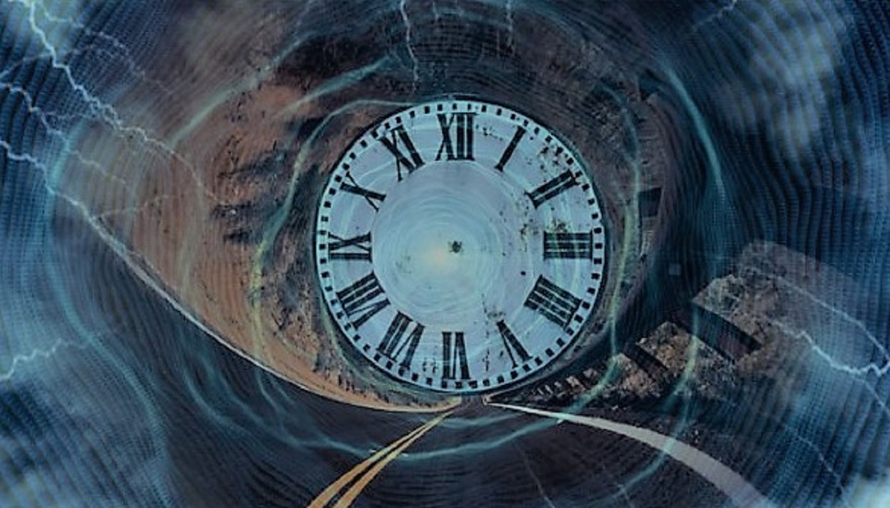 A clock with a superimposed depiction of a time tunnel over the top