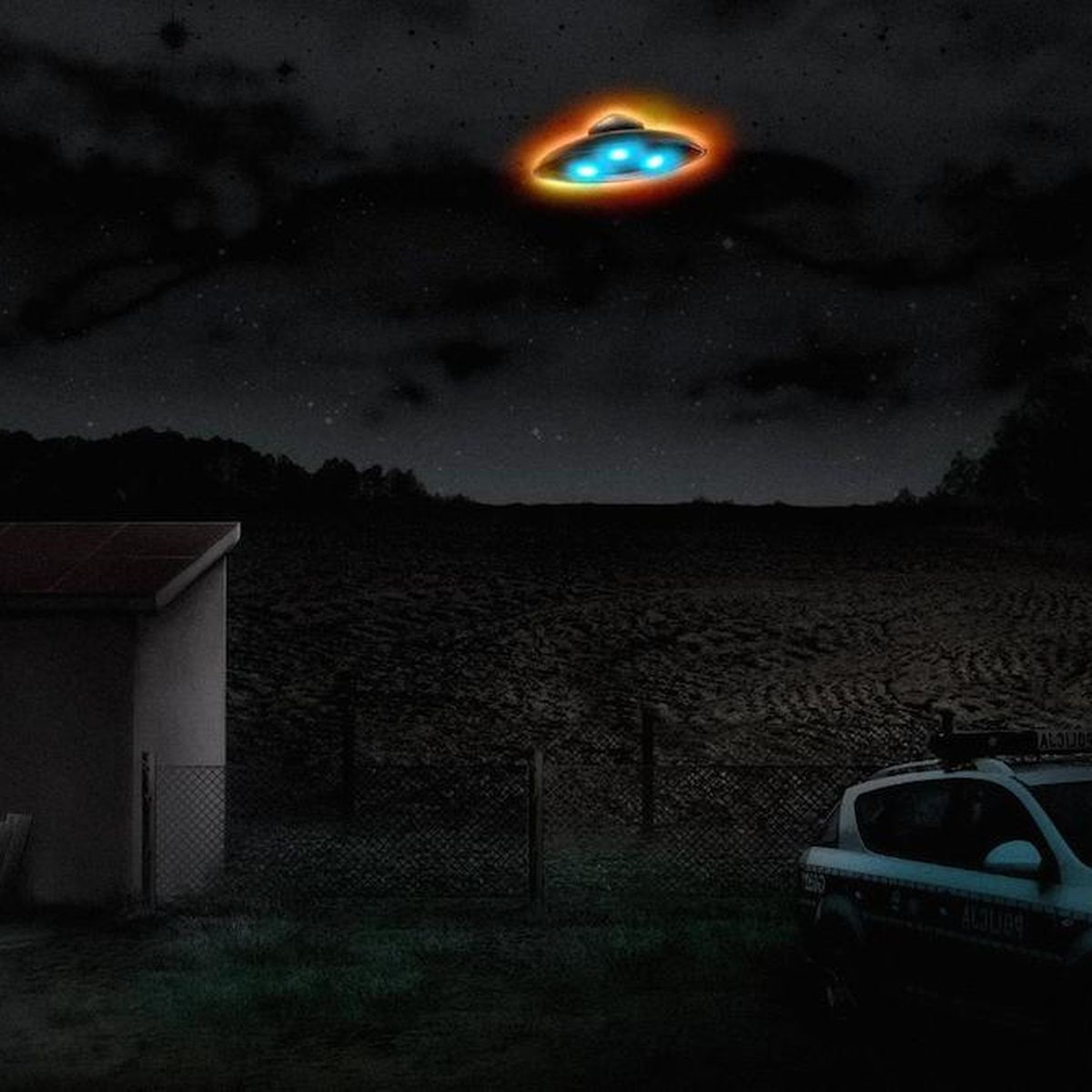 A depiction of a UFO over a field