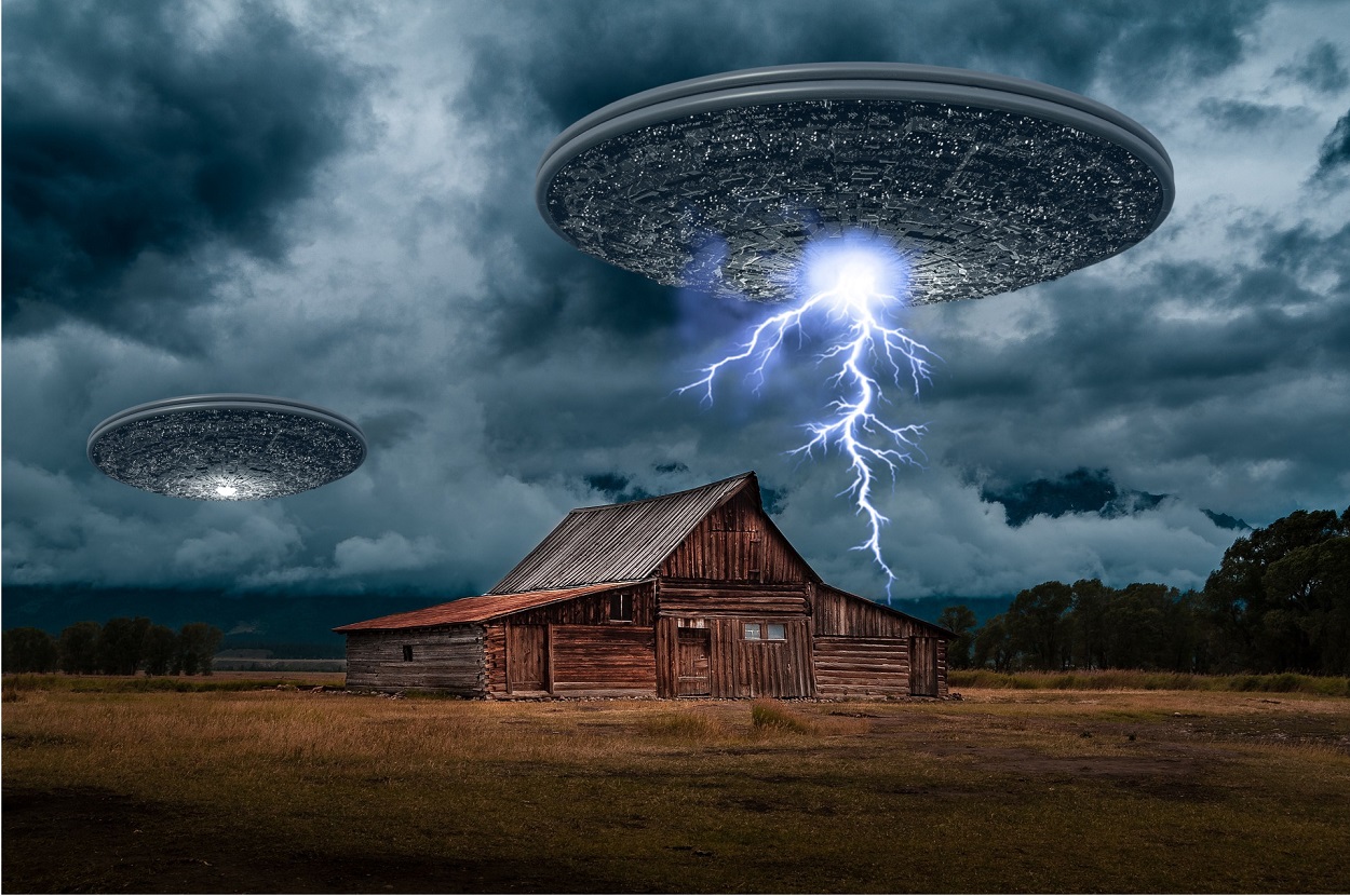A depiction of a UFO over a farmhouse