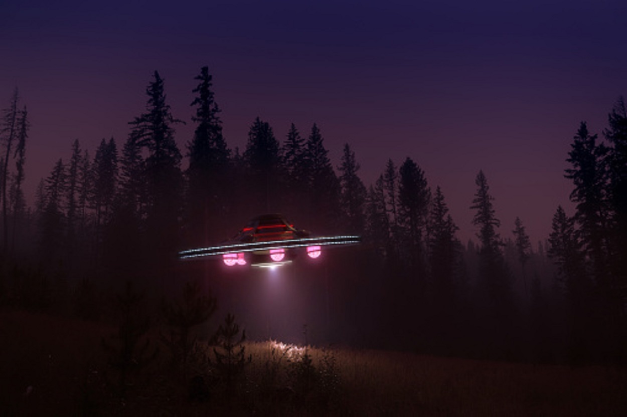 A depiction of a UFO in woodland