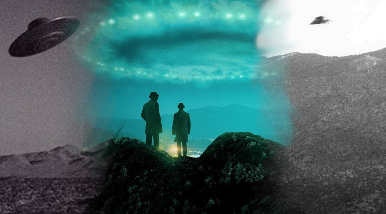 Two UFO pictures blended over a promo shot of Blue Book TV show