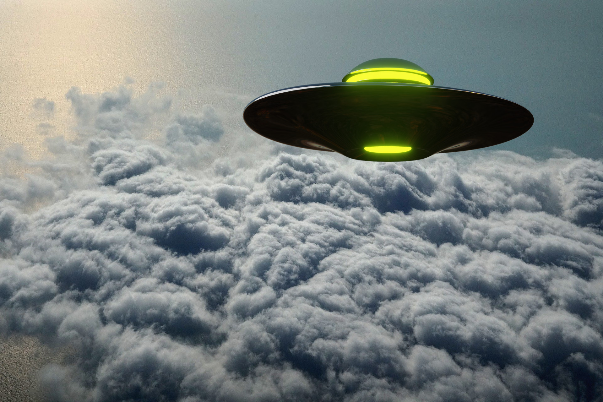 A depiction of a UFO above the clouds