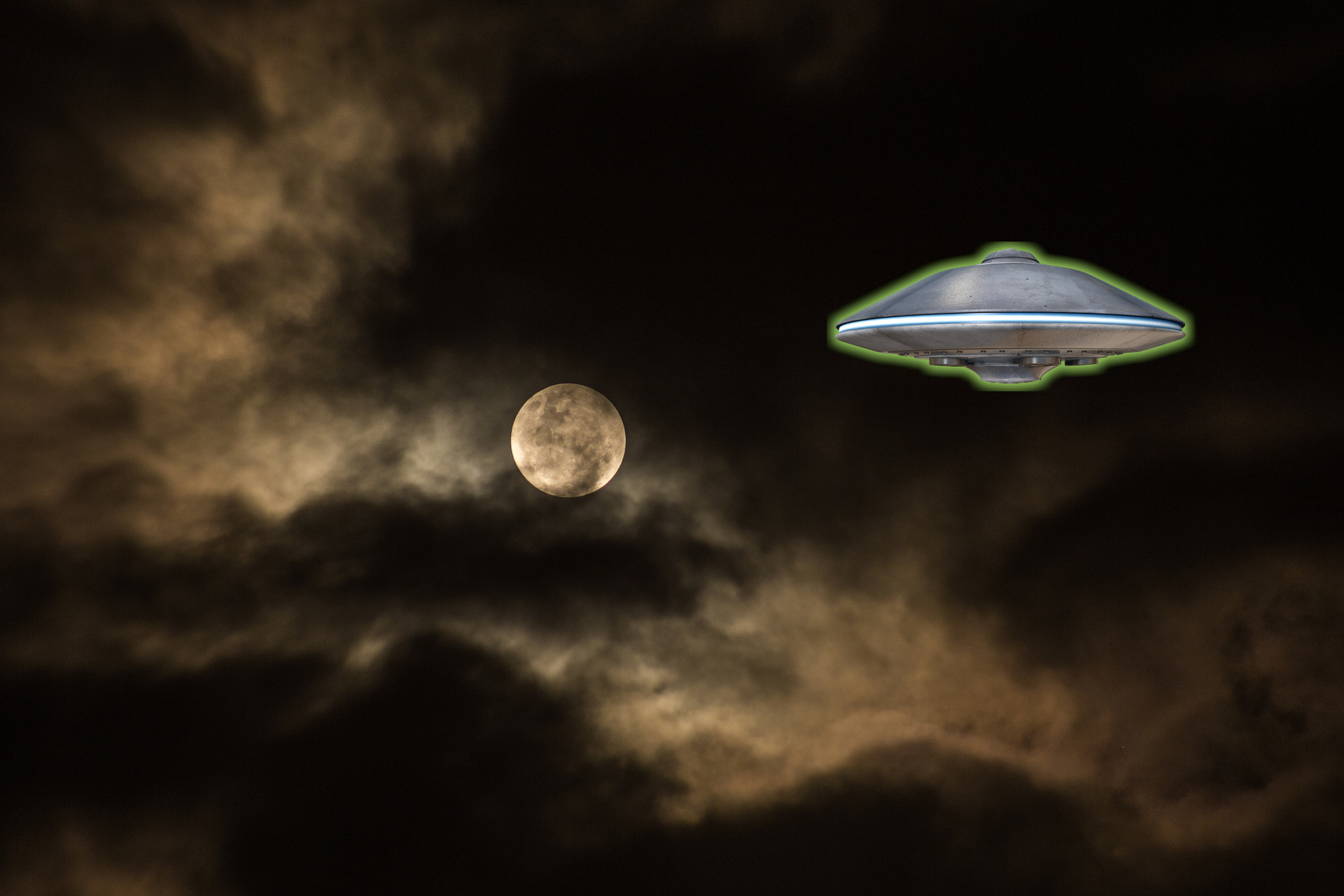 A depiction of a UFO near the full moon