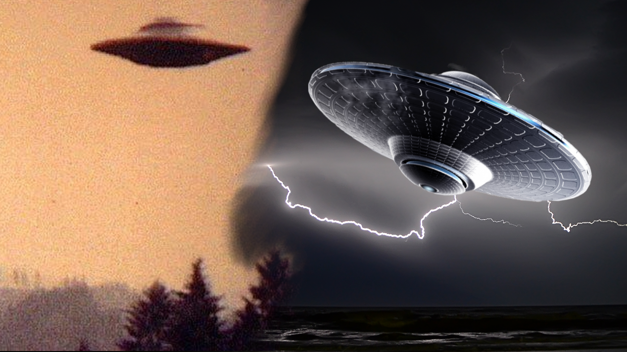 A superimposed picture of a UFO against a depiction 