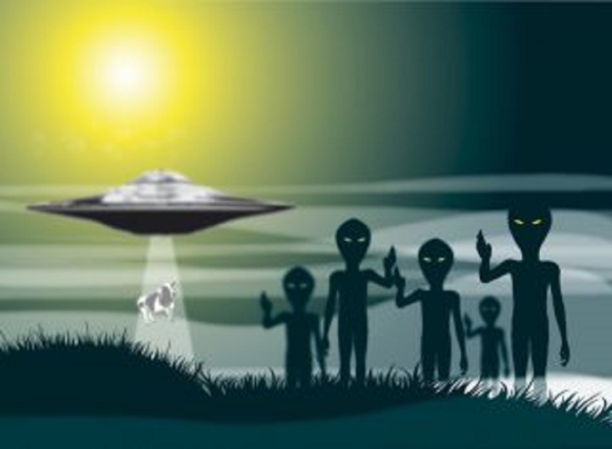 A depiction of aliens near a flying saucer