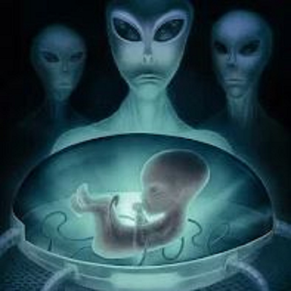 A depiction of aliens near a fetus 