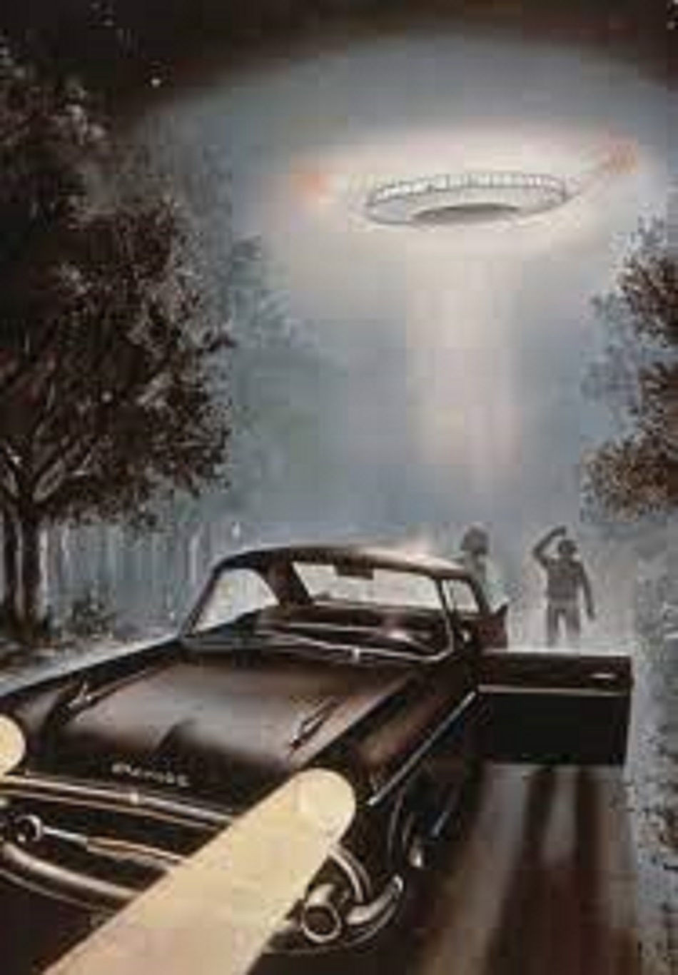 A depiction of alien abduction over a car