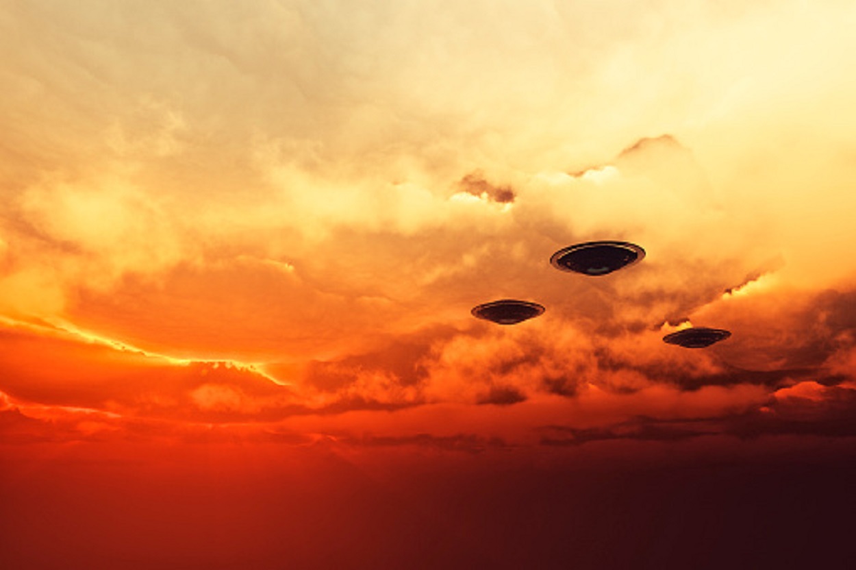 A depiction of UFOs in the sky