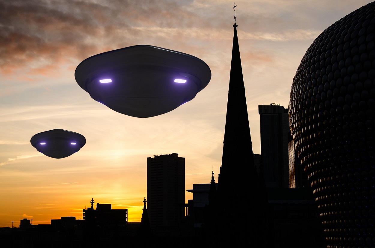 A depiction of UFOs over a city
