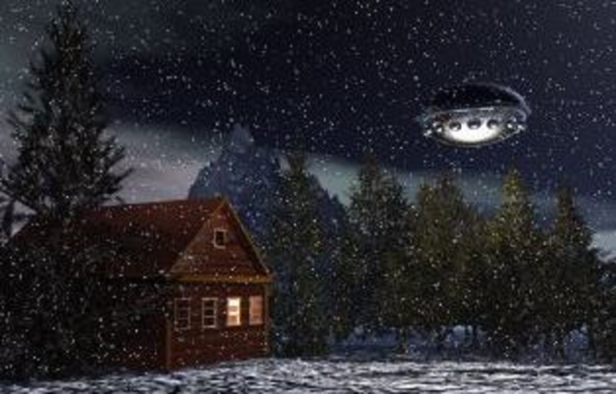 A depiction of a UFO on a snowy night