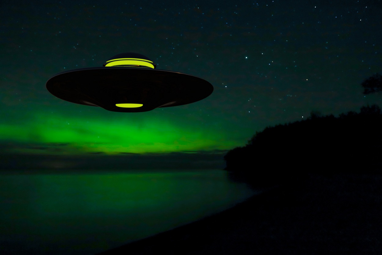 A depiction of a UFO over Lake Michigan