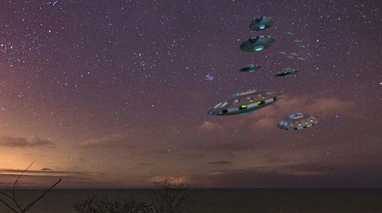 A depiction of UFOs approaching from the sky
