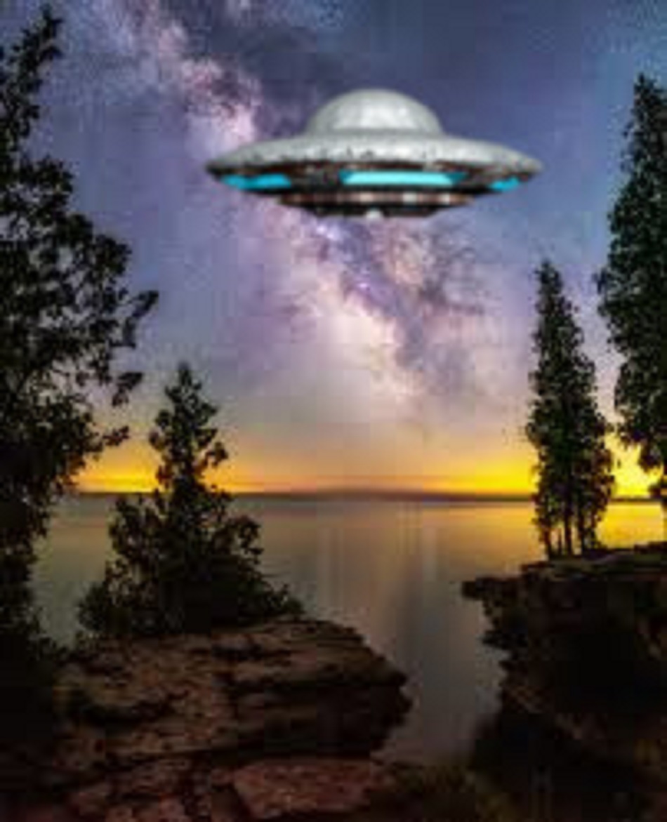 A depiction of a UFO over Lake Michigan