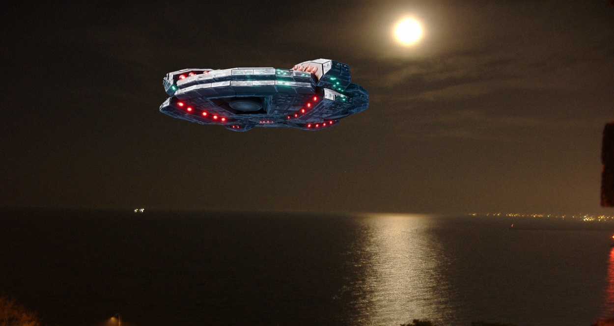 A depiction of a UFO over Lake Michigan