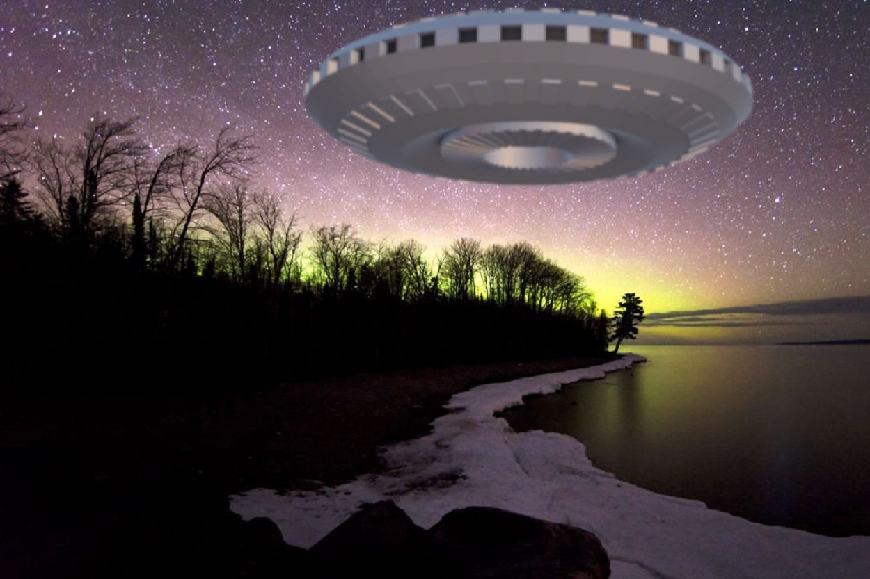 A depiction of a UFO over Lake Michigan