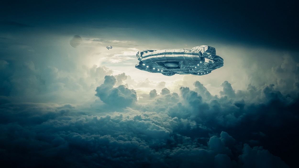 A depiction of a UFO in a cloudy sky