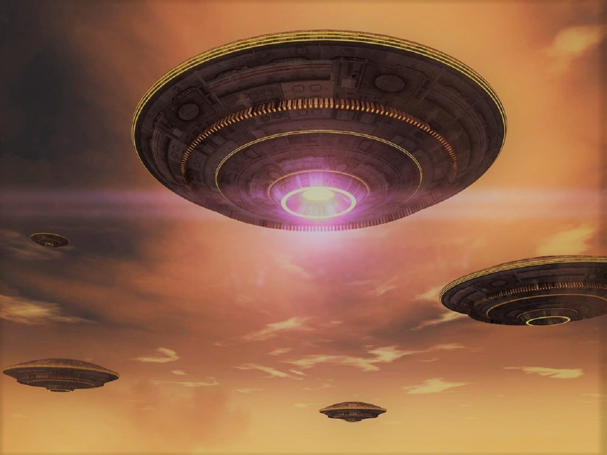 A depiction of UFOs in the sky