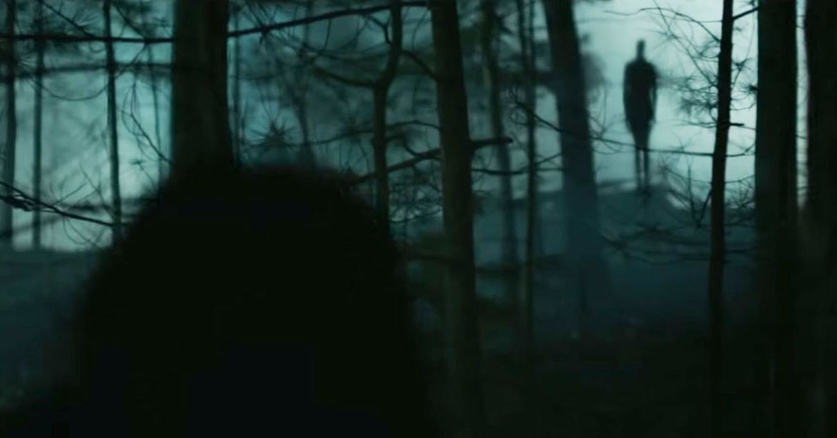A depiction of the Slender Man in the woods