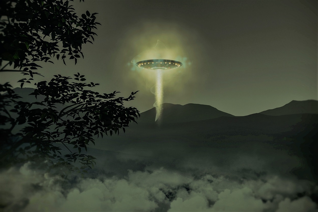 A depiction of a UFO over a field