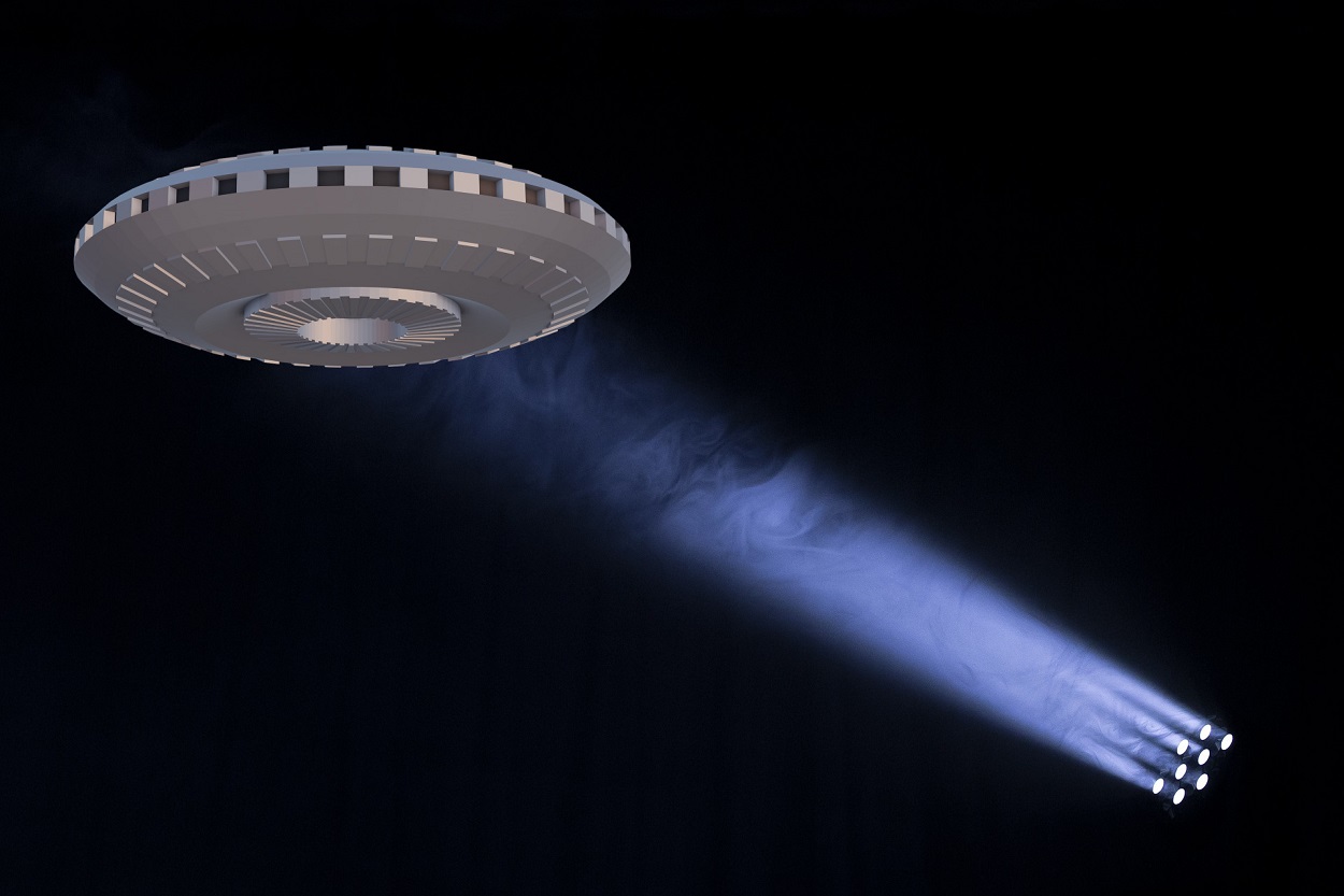 A depiction of a UFO in a spotlight