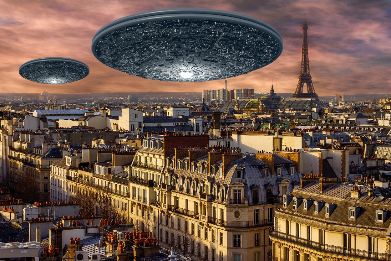 A depiction of two UFOs over Paris