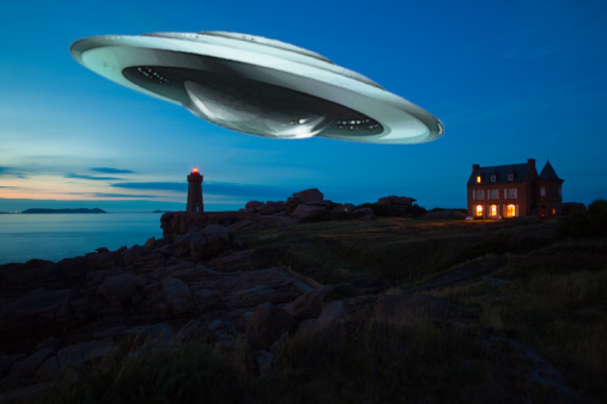 A depiction of a UFO over a house