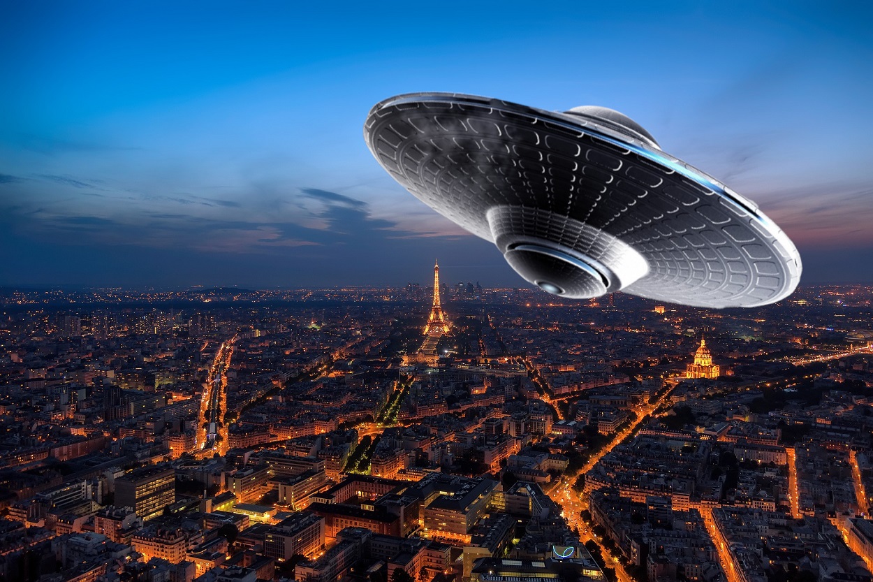 A depiction of a UFO over Paris