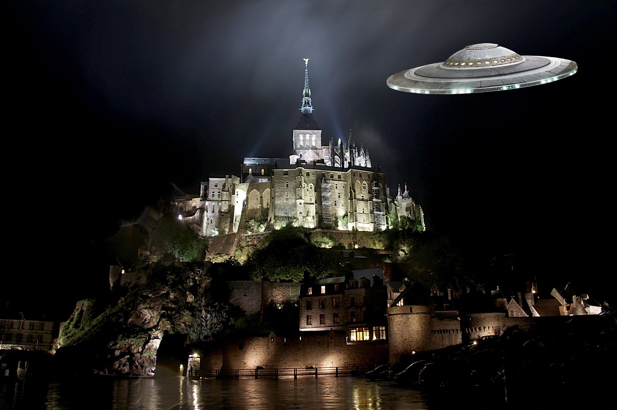 A depiction of a UFO over a castle