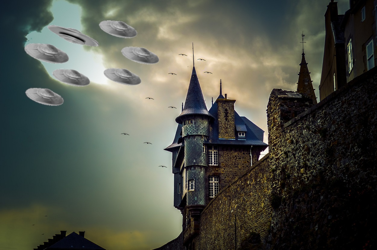 A depiction of multiple UFOs over a French castle
