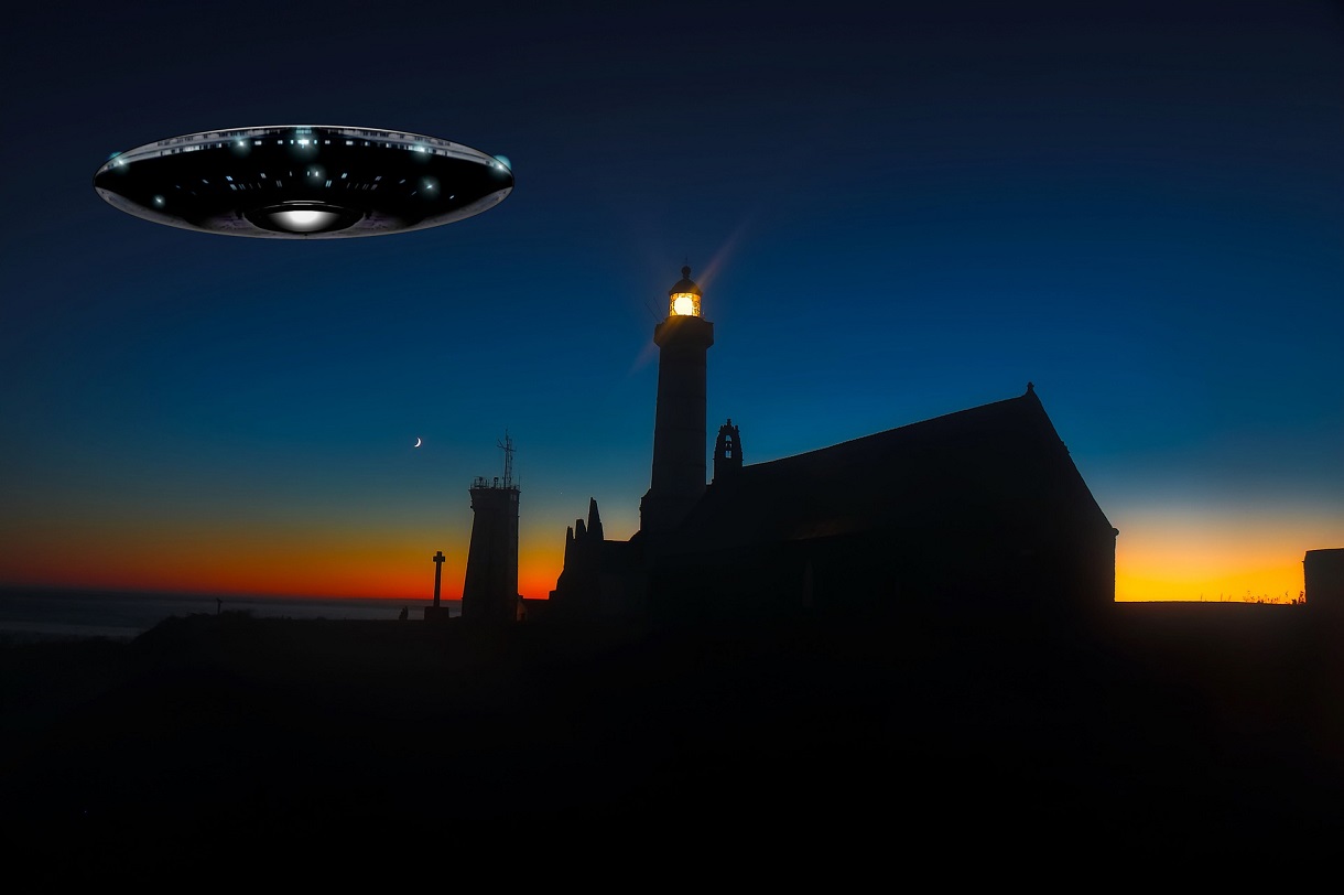 A depiction of a UFO over a lone building