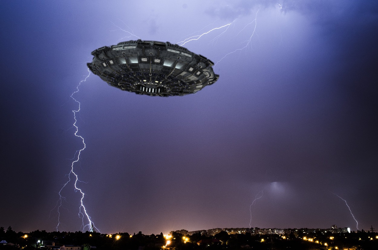 A UFO in the night sky with lightning