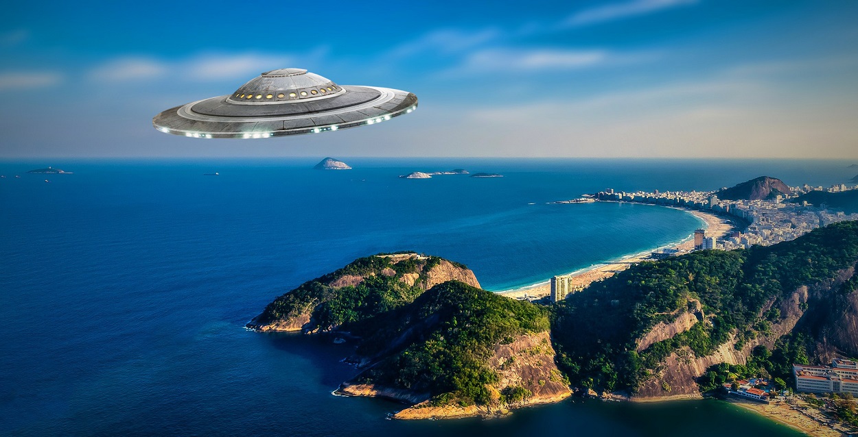 A depiction of a UFO off the coast