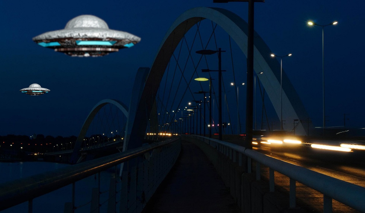 A depiction of a UFO near a bridge in Brazil