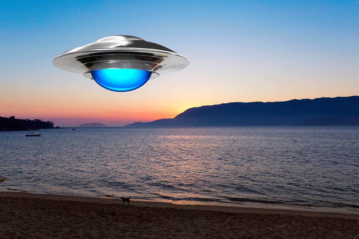 A depiction of a UFO over the ocean