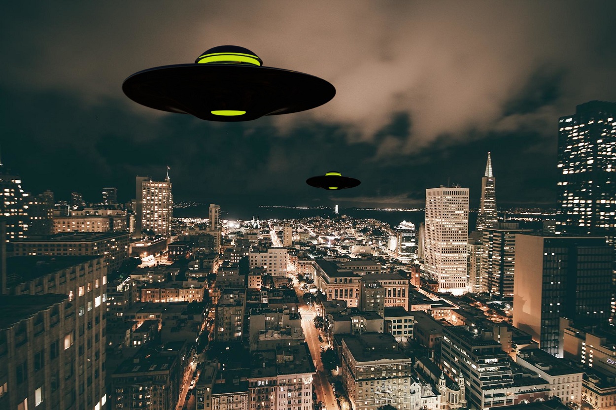 A depiction of a UFO over California 