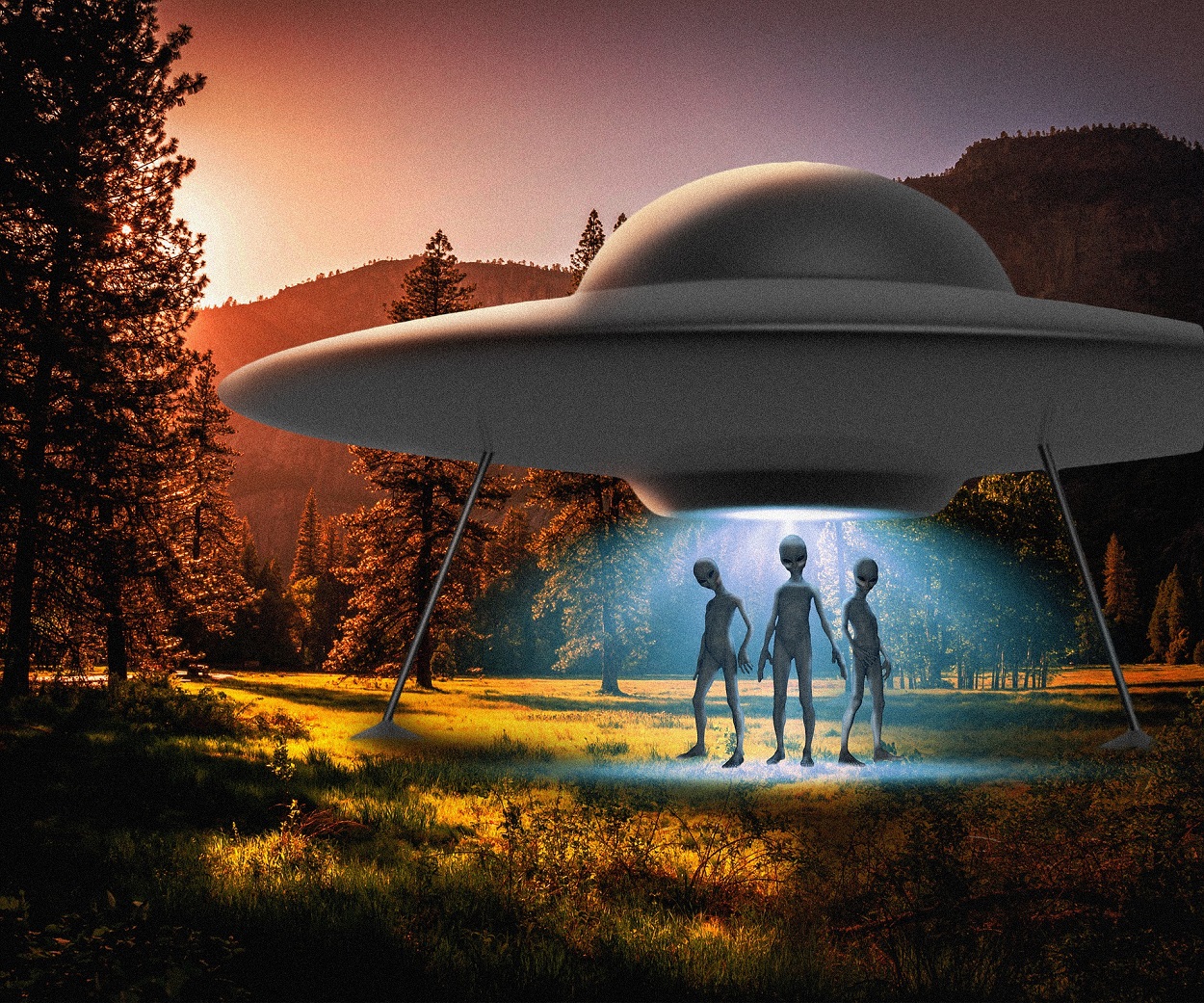 A depiction of aliens under a flying saucer
