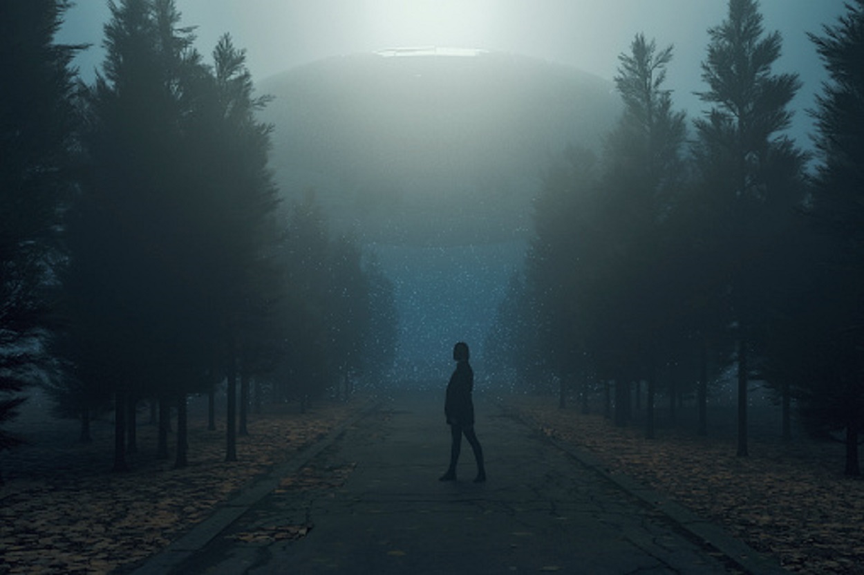 A depiction of woman in the woods with UFO overhead