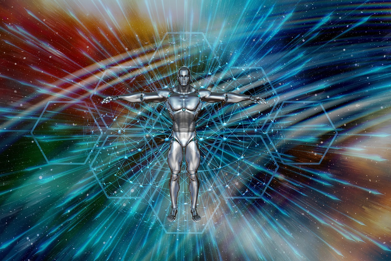 A depiction of a metallic humanoid