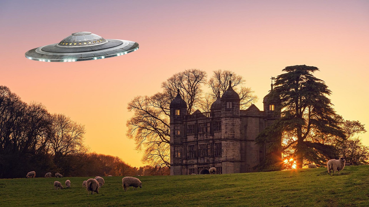 A depiction of a UFO over a country house