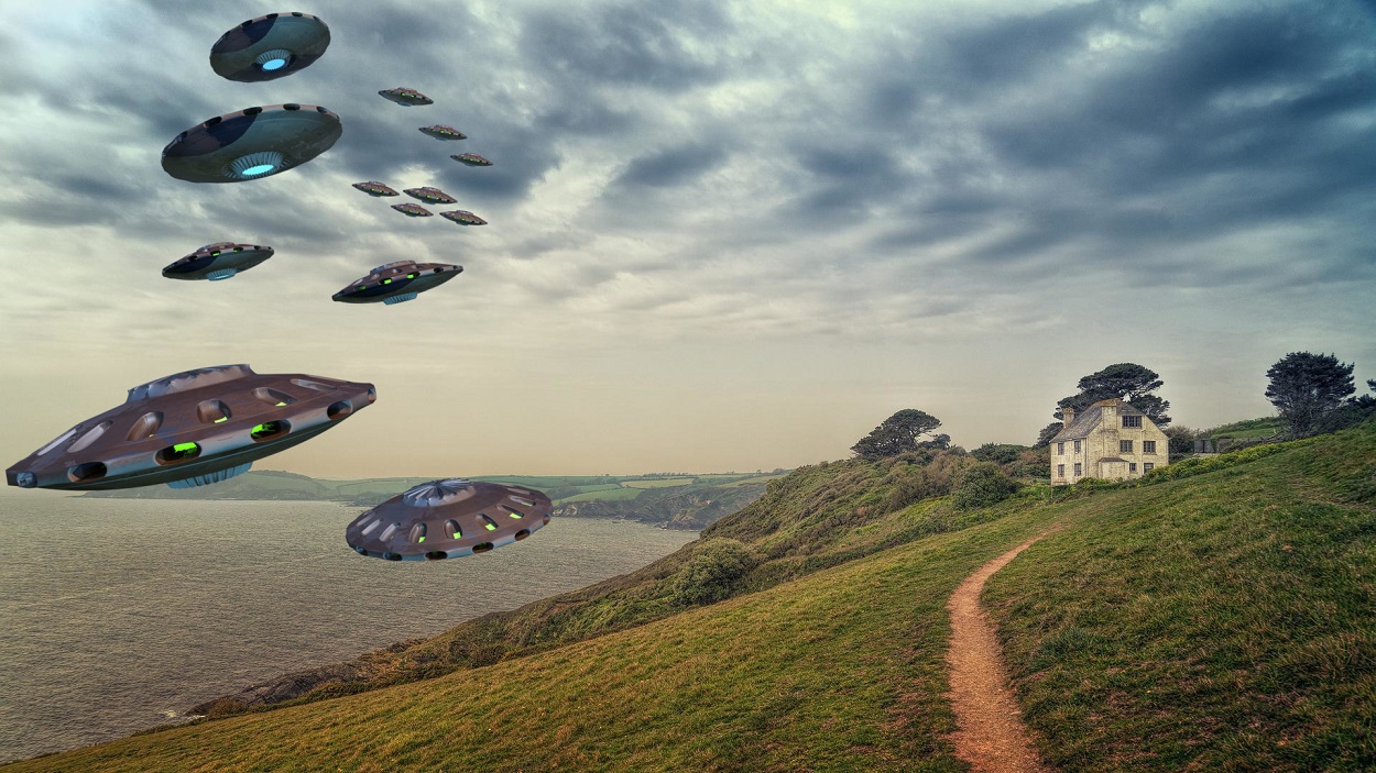 Depiction of UFOs near a lone house