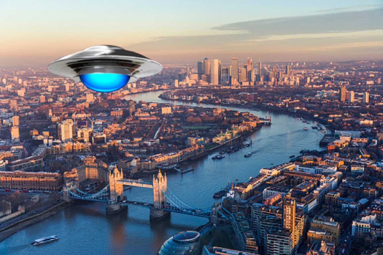 A depiction of a UFO over London