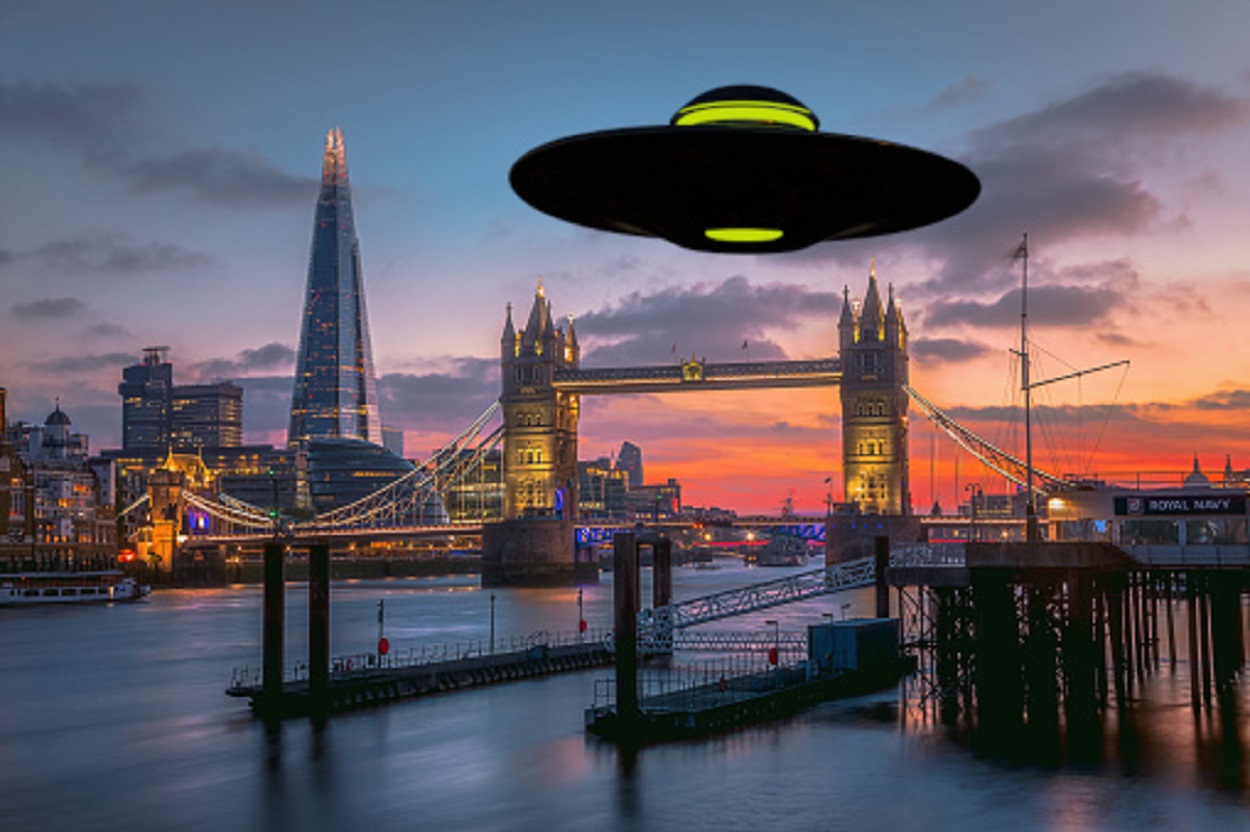 A depiction of a UFO over London