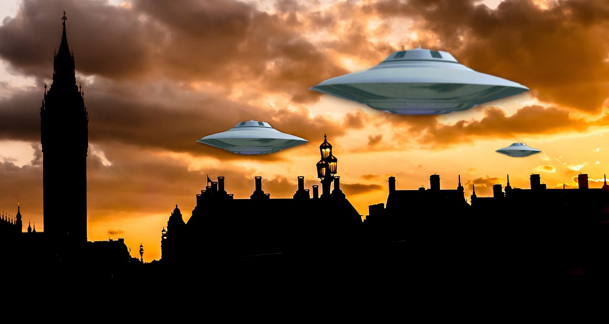 A depiction of UFOs over a typical British town