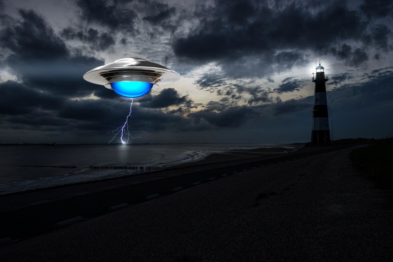 A depiction of a UFO over the coast