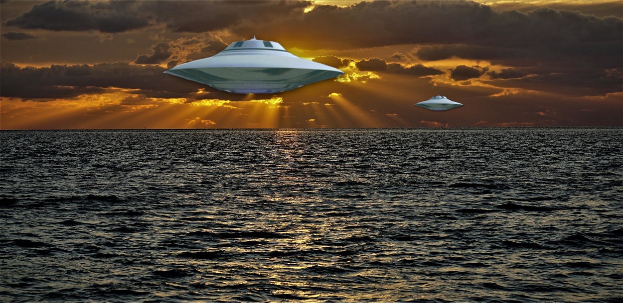 A depiction of UFOs over the sea