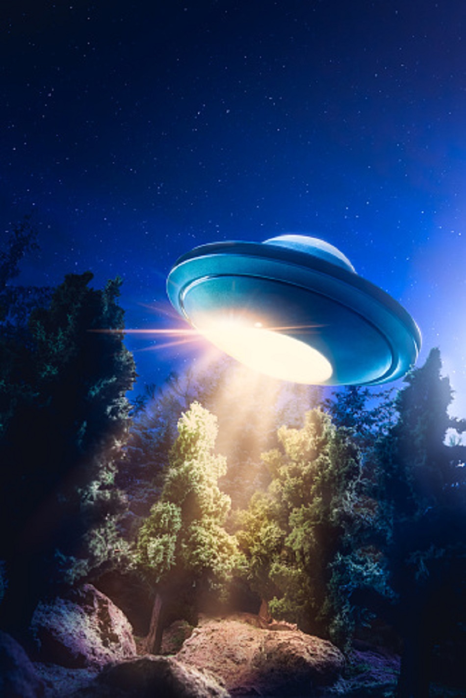 A depiction of a UFO over trees
