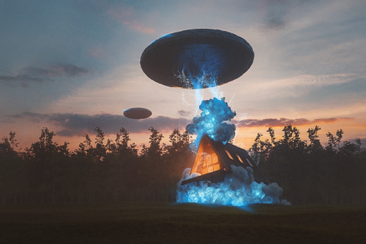 A depiction of a UFO over a house